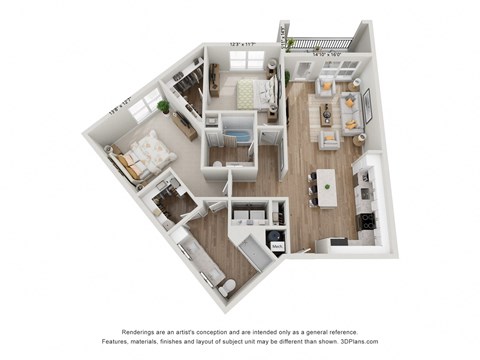 Floor plan for 2 beds, 2 baths, 1225 sqft